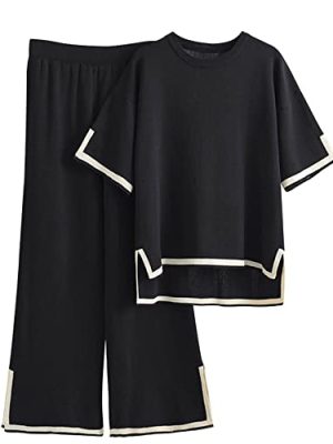 Womens Knit 2 Piece Sweater Sets Short Sleeve Pullover Tops Elastic Waist Wide Leg Pants Lounge Set