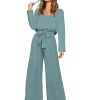Womens 2 Piece Outfit Set V Neck Long Sleeves Tops High Waisted Paper Bag Pants with Belt