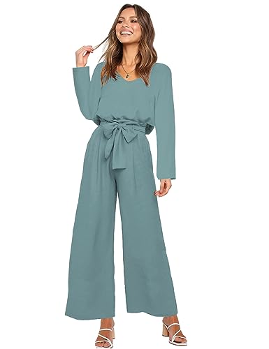 Womens 2 Piece Outfit Set V Neck Long Sleeves Tops High Waisted Paper Bag Pants with Belt