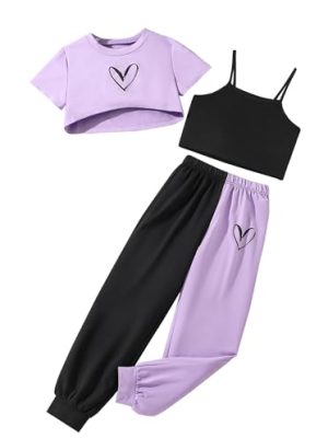 Girls' Summer 3 Pieces Outfits Graphic Crop Top and Camisole with Sweatpants Set