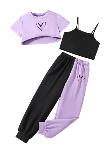 Girls' Summer 3 Pieces Outfits Graphic Crop Top and Camisole with Sweatpants Set