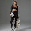 2 Piece Workout Sets for Women Long Sleeve Padded Sports Bra High Waisted Gym Outfits with Pocket