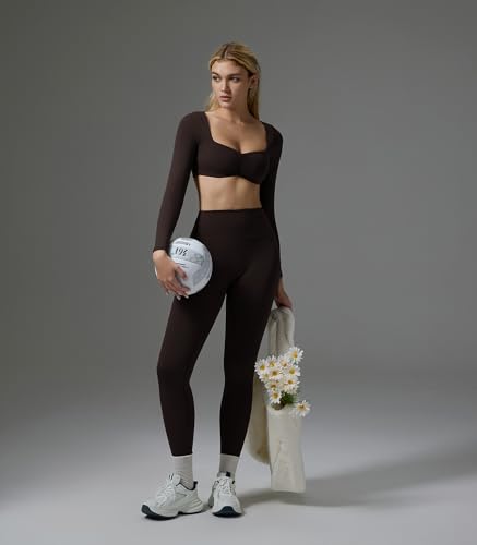 2 Piece Workout Sets for Women Long Sleeve Padded Sports Bra High Waisted Gym Outfits with Pocket