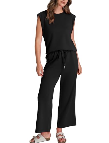 Two Piece Sets for Women Casual Travel Vacation Outfits Summer Wide Leg Crop Pants Lounge Sets