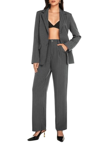 Women's 2 Piece Pant Suit Business Casual Outfits Striped Notched Collar Blazer Wide Leg Pants Sets