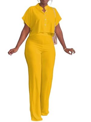 Women's Summer 2 Piece Outfits Casual Tracksuit Short Sleeve Button Down Crop Top Wide Leg Long Pant Lounge Sets