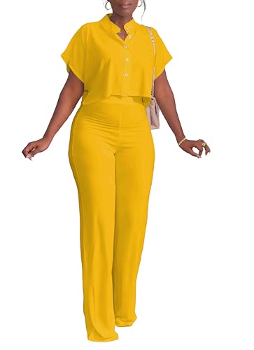 Women's Summer 2 Piece Outfits Casual Tracksuit Short Sleeve Button Down Crop Top Wide Leg Long Pant Lounge Sets