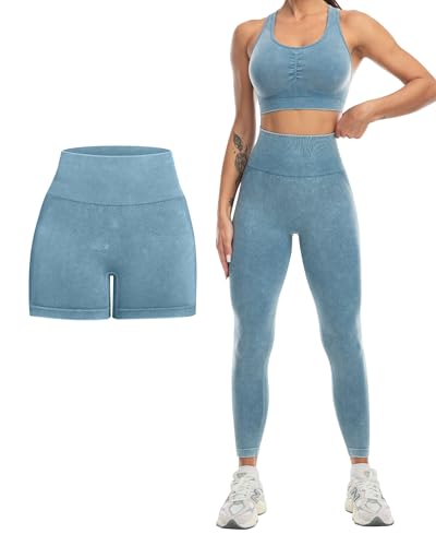 3 Piece Workout Sets for Women Butt Lifting Leggings with High Impact Sports Bra Gym Shorts