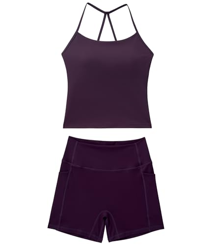 2 Piece Workout Sets for Women Padded Sports Bra Tank Booty Gym Shorts with Pockets