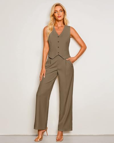 Pant Suits for Women Dressy Casual 2 Piece Sets Sleeveless Blazer Vest with High Rise Wide Leg Pants Work Office