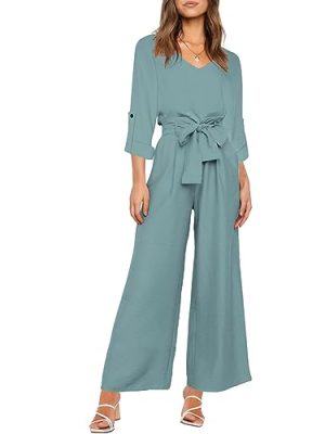 Womens 2 Piece Outfit Set V Neck Long Sleeves Tops High Waisted Paper Bag Pants with Belt