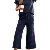 Women's 2 Piece Outfits Sweatsuit Casual Lapel Collar Short Sleeve Tops Drawstring Wide Leg Pant Lounge Sets