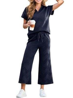 Women's 2 Piece Outfits Sweatsuit Casual Lapel Collar Short Sleeve Tops Drawstring Wide Leg Pant Lounge Sets