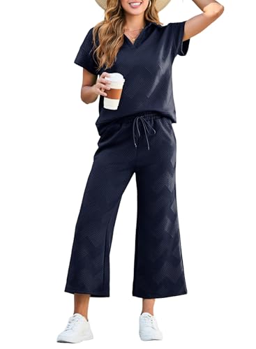 Women's 2 Piece Outfits Sweatsuit Casual Lapel Collar Short Sleeve Tops Drawstring Wide Leg Pant Lounge Sets