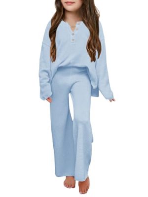 Girls 2 Piece Outfit Set Long Sleeve Button Knit Pullover Sweater Top and Wide Leg Pants Sweatsuit 5-14 Years