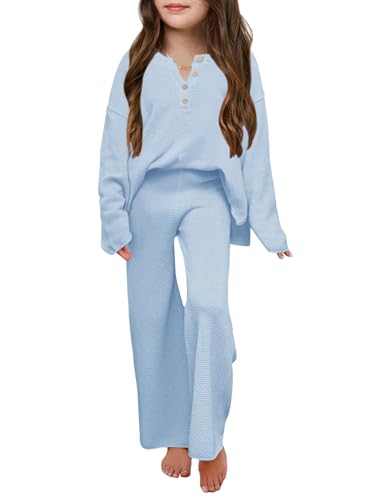 Girls 2 Piece Outfit Set Long Sleeve Button Knit Pullover Sweater Top and Wide Leg Pants Sweatsuit 5-14 Years
