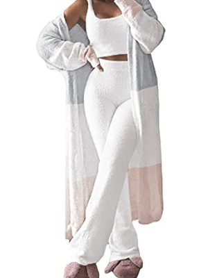 Women's Fuzzy 3 Piece Lounge Sets Sweatsuits Open Front Cardigan Crop Tank Tops Wide Legs Pants Outfits