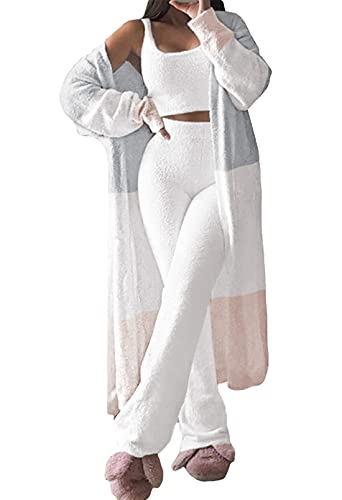 Women's Fuzzy 3 Piece Lounge Sets Sweatsuits Open Front Cardigan Crop Tank Tops Wide Legs Pants Outfits