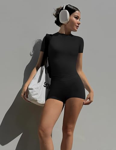 Womens Workout Sets 2 Piece Seamless Summer Outfits Scrunch Butt Shorts Crew Neck T-shirt Matching Clothing Set