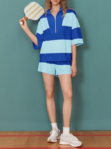 Womens 2 Piece Outfits Summer Striped Sweatshirt Workout Shorts Sets Matching Lounge Set Tracksuits