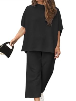Women's Plus Size 2 Piece Outfits 3/4 Batwing Sleeve Capelet Crew Neck Pullover Top Wide Leg Pants Lounge Set