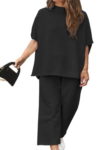 Women's Plus Size 2 Piece Outfits 3/4 Batwing Sleeve Capelet Crew Neck Pullover Top Wide Leg Pants Lounge Set