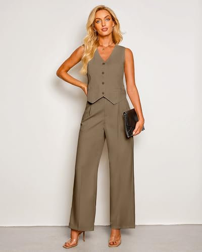 Pant Suits for Women Dressy Casual 2 Piece Sets Sleeveless Blazer Vest with High Rise Wide Leg Pants Work Office
