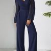 Jumpsuits for Women Dressy Patchwork Chiffon Sleeve V Neck Wide Leg Romper One Piece Trendy Outfits