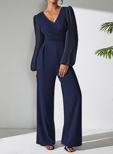 Jumpsuits for Women Dressy Patchwork Chiffon Sleeve V Neck Wide Leg Romper One Piece Trendy Outfits