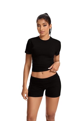 Women Workout 2 Piece sets Short Sleeve Tops Slim Foldover Shorts Matching Gym Outfits Tracksuit