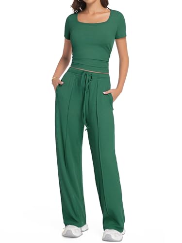 Women's Summer 2 Piece Outfits Square Neck Short Sleeve Tops High Waisted Wide Leg Pants Casual Matching Sets