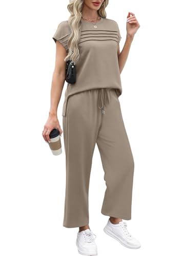 Two Piece Sets for Women Summer Travel Vacation Outfits Cap Sleeve Lounge Matching Sets Wide Leg Pants S-3XL