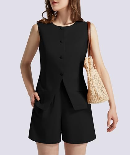Women's Summer 2 Piece Outfits High Waisted Short Sets Crewneck Button Down Vest Business Work Blazer Suit