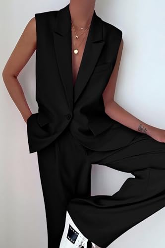 Women's 2 Piece Outfits Sleeveless Suit Vest and Wide Leg Pants Business Casual Blazer Sets