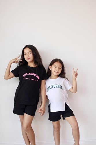Girls 2 Piece Outfit Summer Short Sleeve Loose Fit T-Shirt and Shorts Set Casual Activewear High-Low Hem Sweatshirt