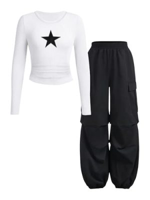 Tween Girls Clothes Ribbed Star Printed Shirt + Cargo Pants Sets Fall Outfits Sizes 7-16 Years
