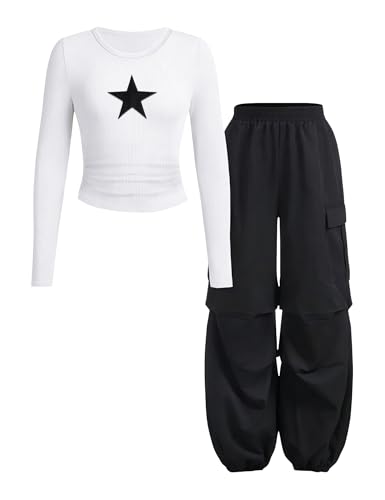 Tween Girls Clothes Ribbed Star Printed Shirt + Cargo Pants Sets Fall Outfits Sizes 7-16 Years