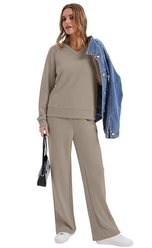 Lounge Sets for Women 2025 V Neck 2 Piece Outfits Airport Wide Leg Pants Matching Set Sweatsuits
