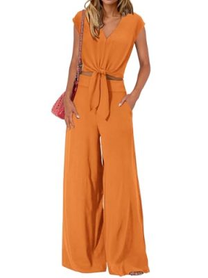 Women's Summer 2 Piece Outfits 2025 Cap Sleeve V Neck Belted Crop Tops Wide Leg Pant Sets Casual Tracksuit