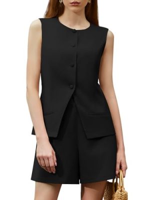 Women's Summer 2 Piece Outfits High Waisted Short Sets Crewneck Button Down Vest Business Work Blazer Suit