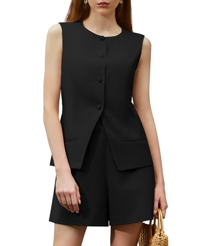 Women's Summer 2 Piece Outfits High Waisted Short Sets Crewneck Button Down Vest Business Work Blazer Suit