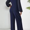 Jumpsuits for Women Dressy Patchwork Chiffon Sleeve V Neck Wide Leg Romper One Piece Trendy Outfits
