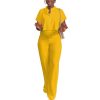 Women's Summer 2 Piece Outfits Casual Tracksuit Short Sleeve Button Down Crop Top Wide Leg Long Pant Lounge Sets