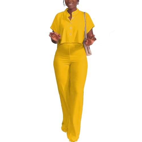 Women's Summer 2 Piece Outfits Casual Tracksuit Short Sleeve Button Down Crop Top Wide Leg Long Pant Lounge Sets