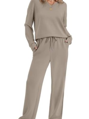 Lounge Sets for Women 2025 V Neck 2 Piece Outfits Airport Wide Leg Pants Matching Set Sweatsuits