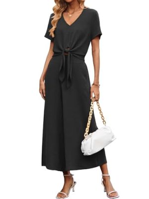 Women's Summer 2 Piece Outfits Cap Sleeve V Neck Belted Crop Tops Cropped Wide Leg Pants Sets Casual Travel Set