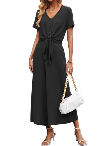 Women's Summer 2 Piece Outfits Cap Sleeve V Neck Belted Crop Tops Cropped Wide Leg Pants Sets Casual Travel Set