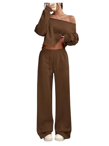 Women's 2 Piece Outfits Fall Sweatsuits Off The Shoulder Crop Top Wide Leg Sweatpants Casual Matching Lounge Sets