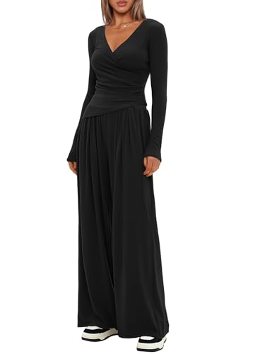 Women's 2 Piece Lounge Fall Outfits Sets Warp V Neck Short/Long Sleeve Shirts and Wide Leg Pants Casual Matching Sets