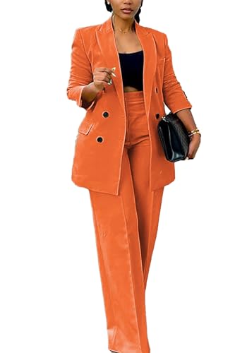 Pants Suits for Women Dressy 2 Piece Business Casual Outfits Double Breasted Blazer Wide Leg Pants Set Office Work